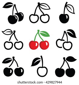 Cherry Icon Collection - Vector Outline And Silhouette