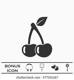 Cherry icon flat. Black pictogram on white background. Vector illustration symbol and bonus button