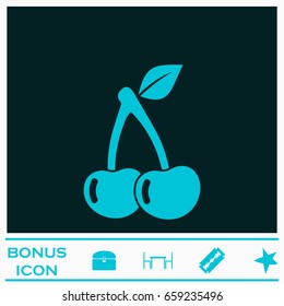 Cherry icon flat. Blue pictogram on dark background. Vector illustration symbol and bonus icons