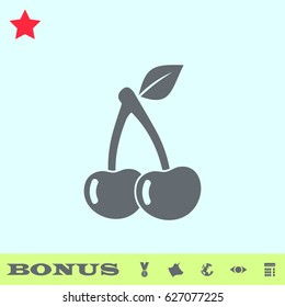 Cherry icon flat. Grey pictogram on blue background. Vector illustration symbol and bonus buttons medal, cow, earth, eye, calculator