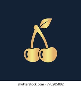 Cherry icon flat. Simple gold pictogram on dark background. Vector illustration symbol