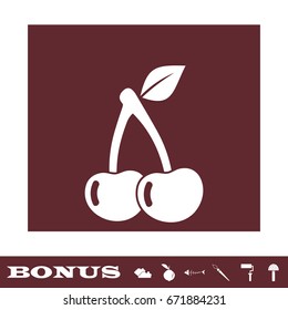 Cherry icon flat. White pictogram on brown background. Vector illustration symbol and bonus icons