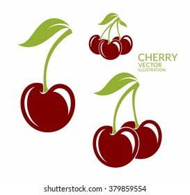 Cherry icon. Fresh berries vector.  Isolated cherry with leaves on white background. Natural fruit sign