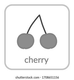 Icono de cereza. Cerezas grises, señal de baya plana, fondo blanco aislado. Símbolo de nutrición de la salud, fruta ecológica. Forma de contorno. Dulce postre orgánico nutritivo. Dibujo del vector de caricaturas