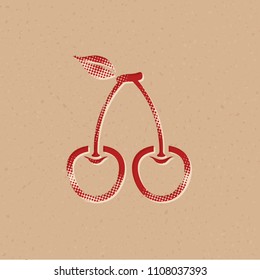 Cherry icon in halftone style. Grunge background vector illustration.
