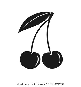 Cherry Icon. Cherry Isolated Black Sign On White Background. Symbol Cherry With Leaf. Vector Illustration