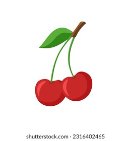 Cherry icon with leaf. Vector illustration of berry in a trendy flat style isolated on white background.