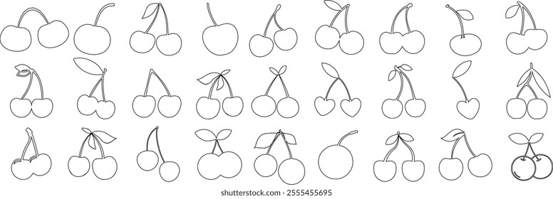 Cherry icon line art illustrations featuring various cherries styles, minimalistic outlines, and hand drawn cherry designs