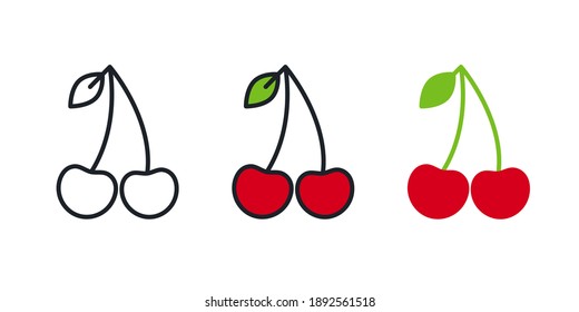 Cherry icon. Linear color icon, contour, shape, outline. Thin line. Modern minimalistic design. Vector set. Illustrations of fruits