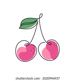 Cherry icon in one line drawing style isolated on white background.