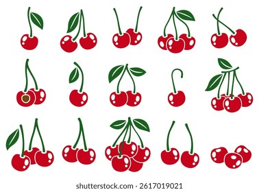 Cherry icon. Red cherries logo, ripe sweet cherry fruits with leaves, simple flat berry silhouettes clipart, natural organic dessert ingredient elements. Vector isolated set.