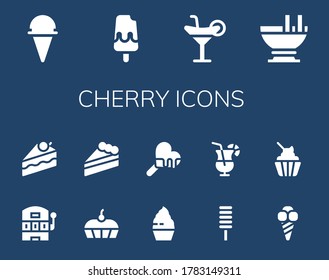 cherry icon set. 14 filled cherry icons.  Simple modern icons such as: Ice cream, Cocktail, Custard, Slot machine, Cake, Cupcake, Popsicle