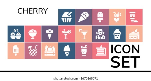 cherry icon set. 19 filled cherry icons.  Simple modern icons such as: Ice cream, Cupcake, Popsicle, Cocktail, Fruit, Mojito, Cake, Croupier, Geisha, Cream