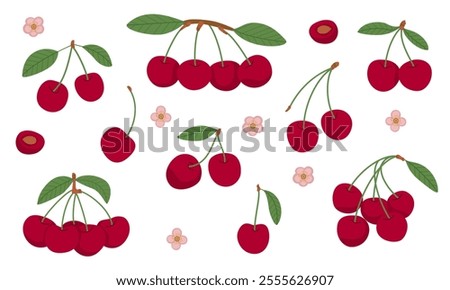 Cherry Icon Set. Bunches of cherry berries isolated on a white background. 
