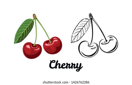 Cherry icon set isolated on white background. Color illustration of a red ripe berry with a green leaf and black and white contour image. Vector outline and silhouette.