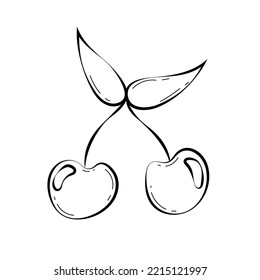 Icono de cerezo aislado en fondo blanco. Ilustración de una baya madura con imagen de contorno de hoja y blanco y negro. Esbozo vectorial y silueta. Esbozo de cereza. Vector dibujado a mano