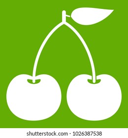 Cherry icon white isolated on green background. Vector illustration
