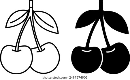 Cherry Icons. Black and White Vector Icons. Two Ripe Berries. Natural and Organic Food. Sweet Dessert. Fruit Concept