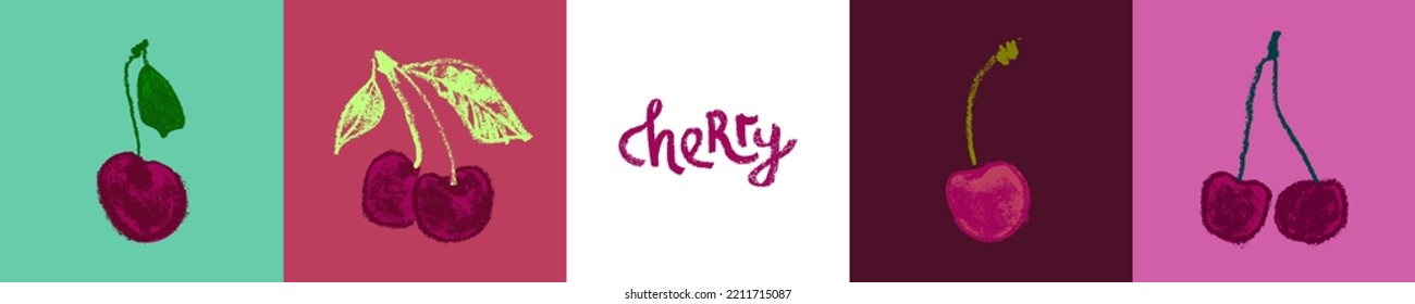 Iconos de cerezo. Dibujo a mano de fruta. Símbolo de yogur cereza de alegre ilustración para el logotipo de alimento para bebé, diseño de etiquetas de jugo, signo de baya, embalaje de fruta. Esbozo de cerezas vectoras. Una idea de comida saludable.
