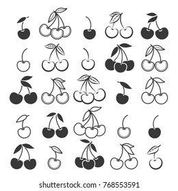 Cherry icons. Ripe fresh cherries vector illustration, cerise fruits silhouettes isolated on white background