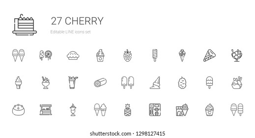 cherry icons set. Collection of cherry with ice cream, pineapple, vegetables, cake, berry, sweet, popsicle, strawberry, frozen yogurt, pie. Editable and scalable cherry icons.