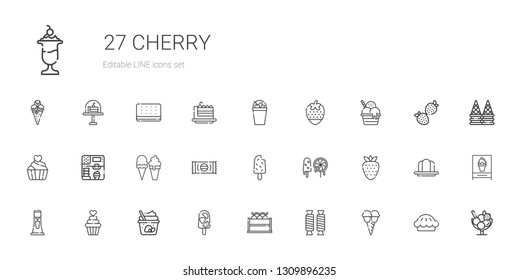 cherry icons set. Collection of cherry with ice cream, sweet, fruit, popsicle, cupcake, milkshake, strawberry, sweets, pie, gelatine, cake slice. Editable and scalable cherry icons.