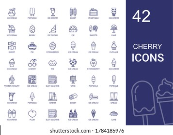 cherry icons set. Collection of cherry with ice cream, popsicle, sweet, vegetable, berry, pie, sweets, cake, strawberry, cupcake, frozen yogurt. Editable and scalable cherry icons.