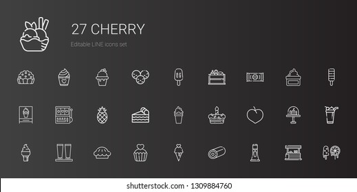 cherry icons set. Collection of cherry with milkshake, sweet, ice cream, cupcake, pie, cream, plum, cake, piece of cake, pineapple, slot machine. Editable and scalable cherry icons.