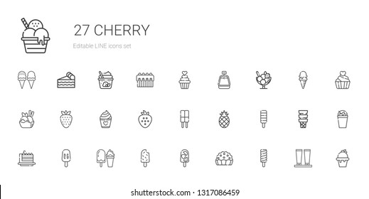 cherry icons set. Collection of cherry with popsicle, pie, ice cream, cake slice, pineapple, strawberry, cake, cupcake, cream, milkshake, piece of cake. Editable and scalable cherry icons.