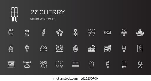 cherry icons set. Collection of cherry with popsicle, milkshake, ice cream, sweet, vegetables, piece of cake, cake, pie, cupcake, pineapple. Editable and scalable cherry icons.