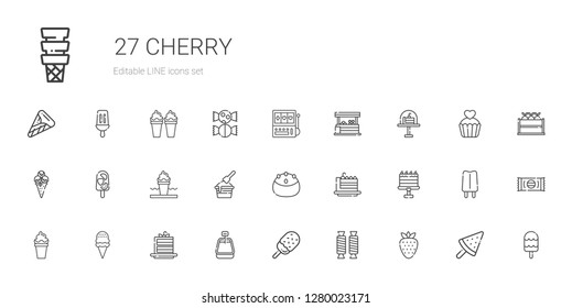cherry icons set. Collection of cherry with strawberry, sweet, ice cream, cake slice, cake, popsicle, vegetables, slot machine, fruit, cupcake. Editable and scalable cherry icons.