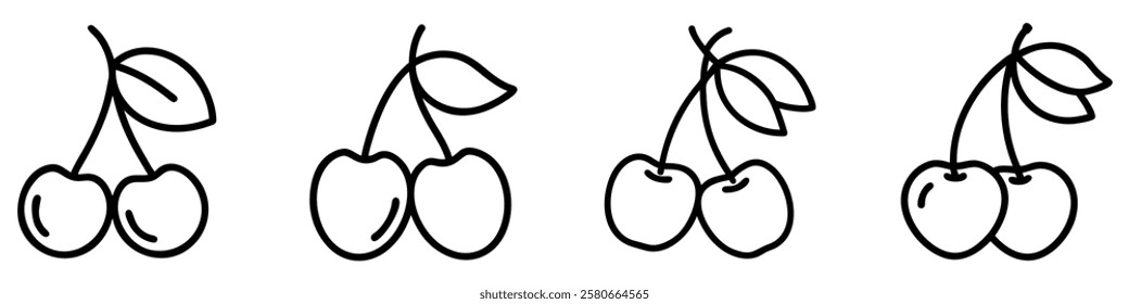 Cherry icons set. Minimalist line drawing of a ripe cherry. Vector illustration