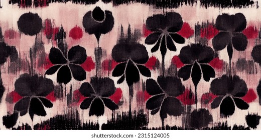 Cherry ikat tribal boho tie die colors flower seamless wallpaper. Motif ethnic handmade beautiful Ikat art. Ethnic abstract floral pink background art. 