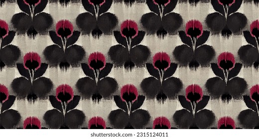 Cherry ikat tribal boho tie die colors flower seamless wallpaper. Motif ethnic handmade beautiful Ikat art. Ethnic abstract floral pink background art. 