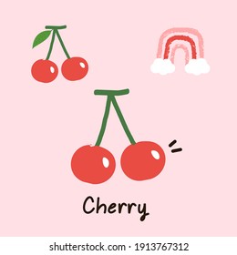 Cherry, rainbow​ cartoon​ icon​ on​ pink​ background​ vector​ illustration.