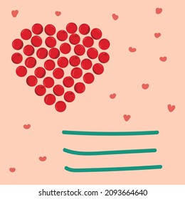 Cherry  illustration in the form of a heart.Summer berries, fruits, leaves background.
Vector illustration for summer cover, wallpaper texture, background, wedding invitation,  gift wrap, fabric.