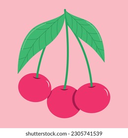 cherry. illustration. green. vector. style. flat. pink. icon.