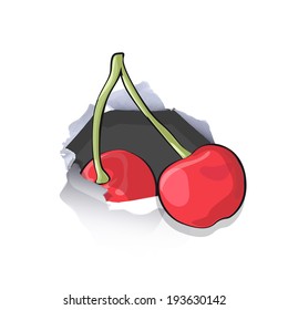 Cherry inside hole paper over white background