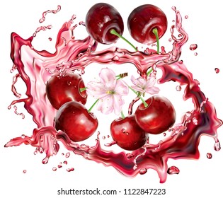 Cherry into of burst splashes of juices on white. Vector illustration