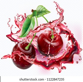 Cherry into of burst splashes of juices on white. Vector illustration