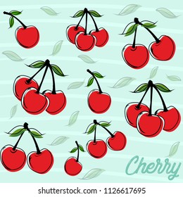 Cherry. Isolated berries on background. Vector illustration. Cherry icon, vector fruit illustration, sweet cherries, fresh healthy cherries. Fresh fruit, natural cherry. Organic summer fruit 