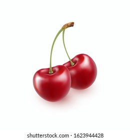 Cherry isolated on white background. Sweet 3d berry icon. Vector realistic red cherry template.
