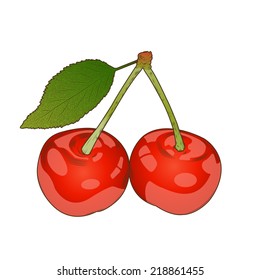 Cherry isolated on a white background. Hand drawn color line art. Retro design. Vector illustration.