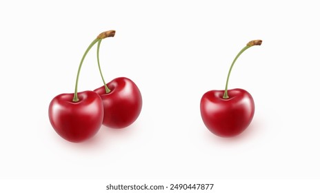 Cherry isolated on white background. Sweet 3d red berry. Vector realistic food elements