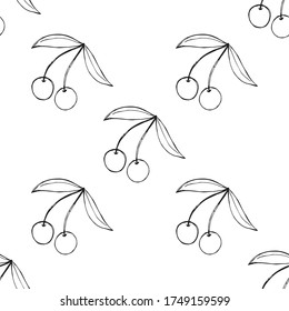 Cereza, aislada en blanco, ilustración de dibujo a mano, patrón sin fisuras