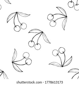 Cereza, aislada en blanco, ilustración de dibujo a mano, patrón sin fisuras