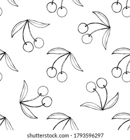Cherry, isolated on white, hand drawn sketch illustration, seamless pattern