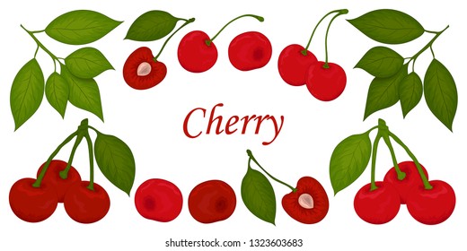 Cherry isolated vector. Colorful drawing on white background. Modern design element set for paper, covers, card, fabrics, interiors, t-shirts, logos...