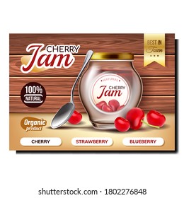 Vector de afiches promocionales de cerezos Jam. Producto Orgánico Natural Delicioso Jam Glass Blank Jar, Cuchara Y Frutas Ripadas En Cartel De Comercialización Publicitaria. Ilustración de diseño de concepto de color