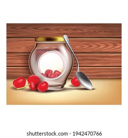 Cherry Jam Creative Promotional Poster Vector. Organic Natural Delicious Product Jam Glass Blank Jar, Spoon And Ripe Fruits On Advertising Marketing Banner. Color Concept Layout Illustration